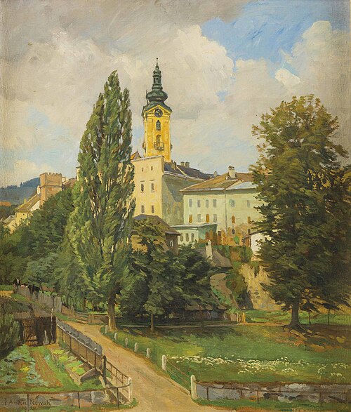 Motiv aus Freistadt mit Wehrturm und Kirche, 1924, Anton Nowak