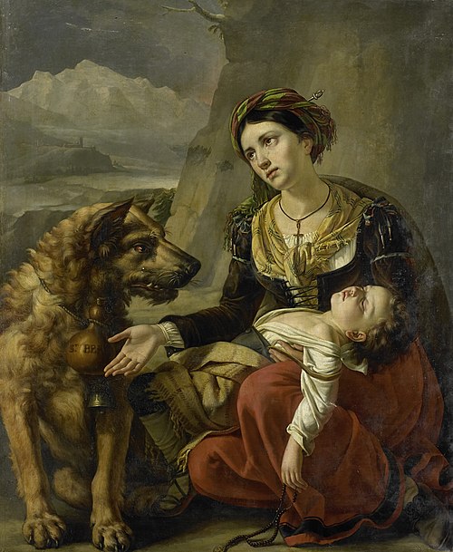 A Saint Bernard Dog Comes to the Aid of a lost Woman with a sick Child, 1827, Charles Picqué