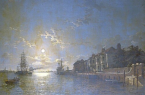 Crowley House, Greenwich, with Shipping on the Thames by Moonlight, , Henry Pether
