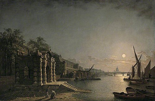 York Watergate and the Adelphi from the River, London, by Moonlight, 1850, Henry Pether