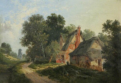 Thatched Farm Buildings by a Woodland Path, 1867, John Burney Ladbrooke