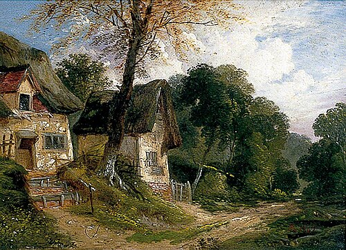 Thatched Cottages by a Woodland Track, 1867, John Burney Ladbrooke