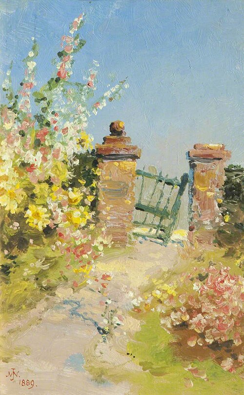 Garden Gate with Hollyhocks, 1889, John Nicholson