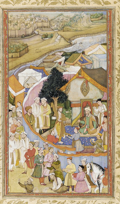 Da’ud Receives a Robe of Honor from Mun’im Khan from an Akbarnama (April 12, 1575), 1600, Hiranand