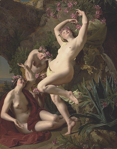 Three graces garlanded with roses, 1836, Ferdinand Georg Waldmüller