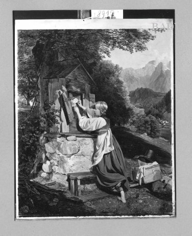 "Die andächtige Blumenspenderin", Bauernmädchen einen Bildstock schmückend, 1836, Ferdinand Georg Waldmüller