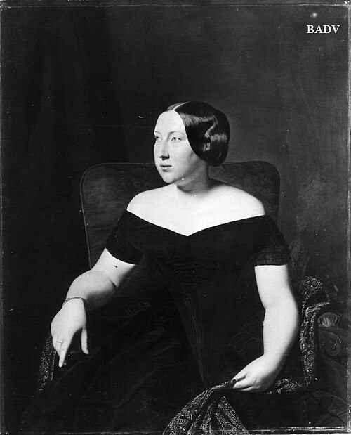 Bildnis einer Dame im schwarzem Seidenkleid auf einem roten Fauteuil sitzend, 1850, Ferdinand Georg Waldmüller