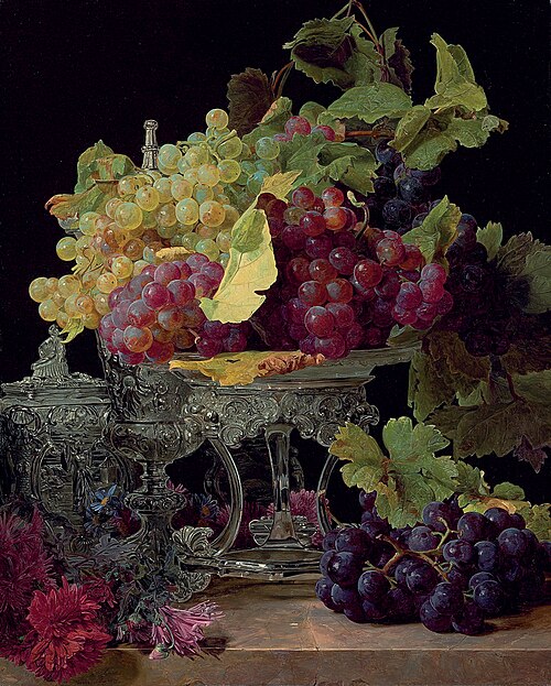 Red and white grapes and silver tableware on a marble ledge, 1841, Ferdinand Georg Waldmüller