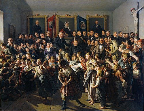 Kinder armer Eltern werden von der Gemeinde Spittelberg am Michaelitage mit Winterkleidern beteilt, 1857, Ferdinand Georg Waldmüller