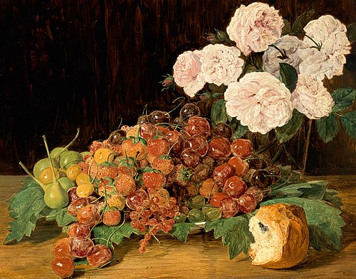 Stillleben mit Rosen, Erdbeeren und Brot, 1827, Ferdinand Georg Waldmüller