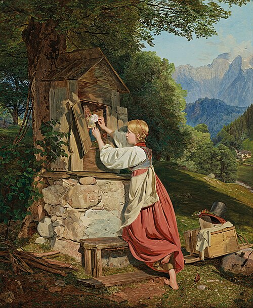 Ein Mädchen schmückt die Mutter Gottes mit einer Rose, 1836, Ferdinand Georg Waldmüller