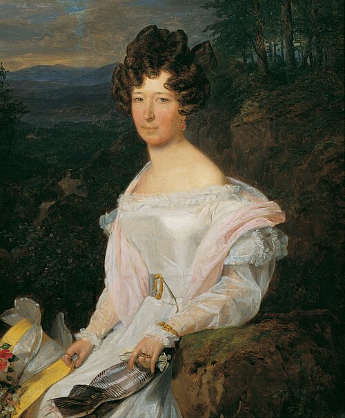 Dame in weißem Kleid vor einer Wienerwaldlandschaft, 1829, Ferdinand Georg Waldmüller
