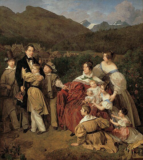 Der Notar Dr. Josef August Eltz mit seiner Gattin Caroline, geb. Schaumburg, und den acht Kindern in, 1835, Ferdinand Georg Waldmüller