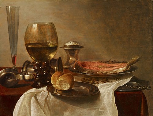 Still life with glass, bread and salmon, , Cornelis Kruys