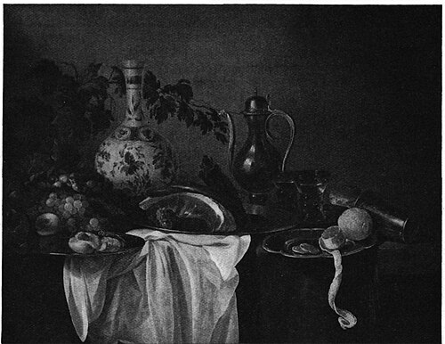 Still life with porcelain flask, decanter, ham and fruit, 1650, Cornelis Kruys
