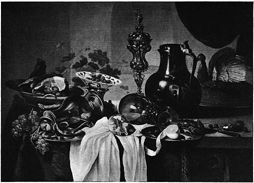 Still life with porcelain and pewter vessels on a draped table before a niche, 1650, Cornelis Kruys