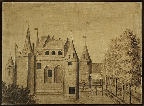 Het Slot van Gouda van de kant van de Hof- of Spieringstraat., 1674, Arent Lepelaer