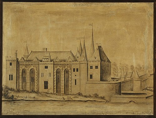 Het Slot van Gouda van de kant van de IJssel., 1674, Arent Lepelaer