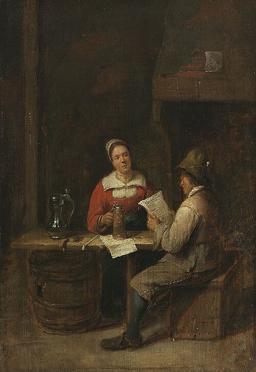 Man with letter and woman with a jar in an interior, 1651, Gillis van Tilborch