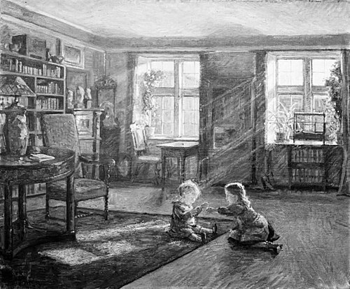 Interiør med to legende børn, 1912, Sigurd Wandel