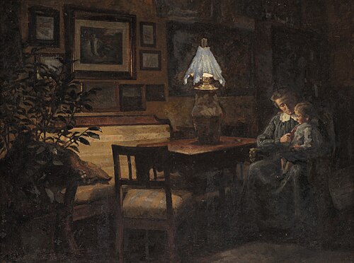 Afteninteriør. Moder og barn, 1898, Sigurd Wandel