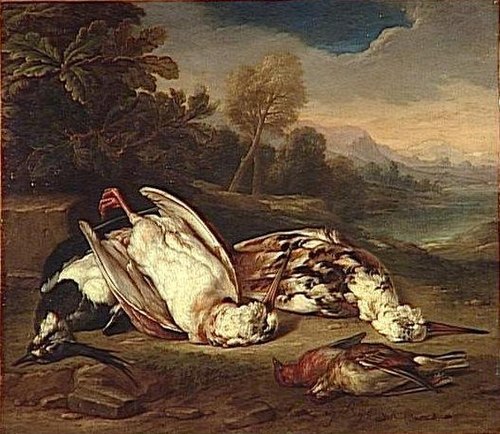 Gibier mort dans un paysage : deux bécasses blanches et trois autres oiseaux, 1751, Geerard Rysbrack