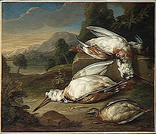 Gibier mort dans un paysage : deux bécasses blanches et deux autres oiseaux, 1751, Geerard Rysbrack