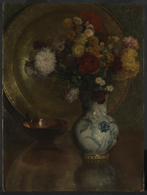 Blumenstilleben mit Messinggefäßen und Delfter Kanne, 1882, Louis Eysen