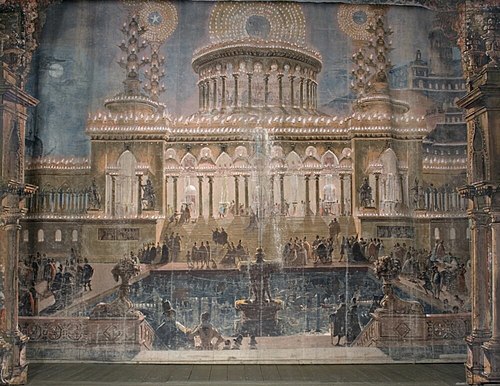 Kuliss till "Trägård till Christina”, fondvägg, illuminerat palats, terrasser och fontän, 1785, Louis-Jean Desprez