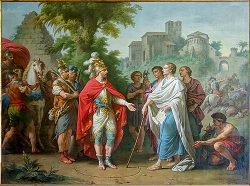 Popilius envoyé en ambassade auprès d'Antiochus Epiphanes pour arrêter le cours de ses ravages en Eg, 1779, Louis Jean François Lagrenée