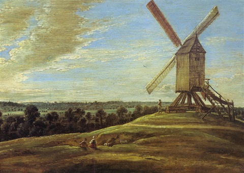 Moulin à vent dominant un paysage panoramique, 1699, Lucas Achtschellinck