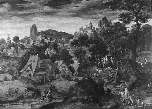 Hilly Landscape with a village with peasants and hunters, 1545, Lucas Gassel