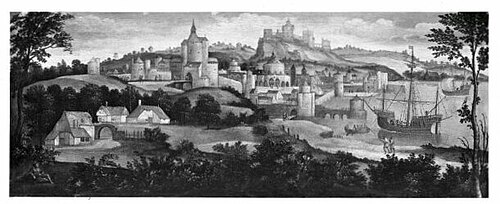 Vue d'une ville fortifiée avec un pont, 1525, Lucas Gassel