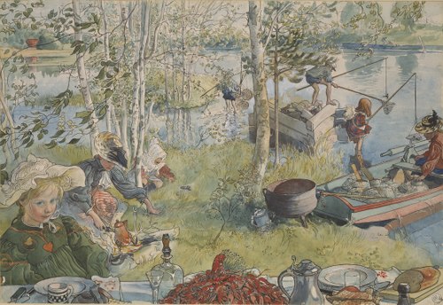 En pêchant les écrevisses. Aquarelle, 1899, Carl Larsson