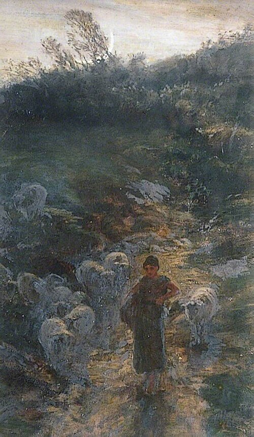 Shepherd Girl with Sheep in Moonlight, 1884, Thomas McLachlan