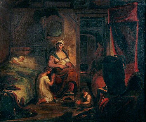 Interior of an English Cottage with Children Going to Bed, 1827, William Martin