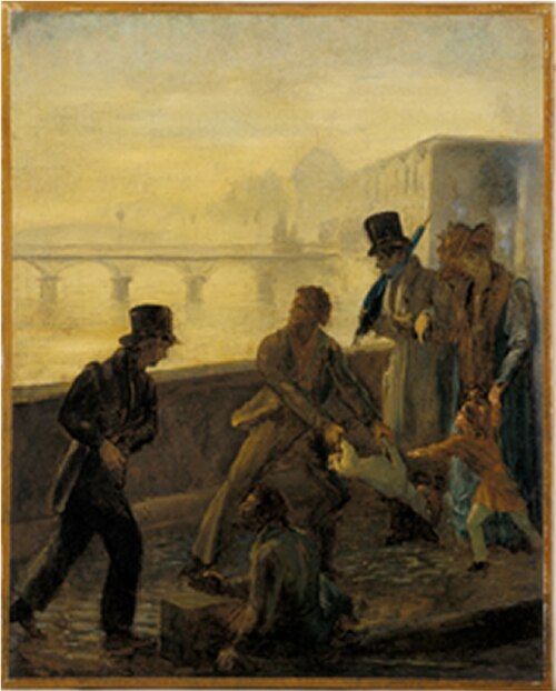 Un homme jetant son chien a l'eau, 1834, Honoré Daumier