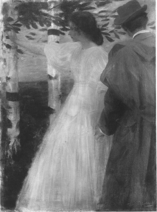 Ein Sommerabend (Dame und Herr unter Birken), 1892, Ludwig von Herterich