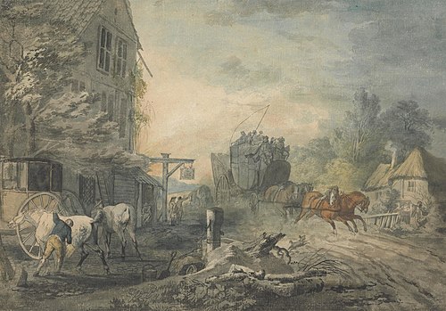 A Stagecoach and Four Dashing Through a Village on the Bath-London Road, 1787, George Robertson