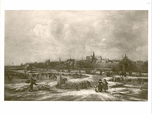 Ansicht von Leyden mit Eislaufszene im Vordergrund, 1675, Klaes Molenaer