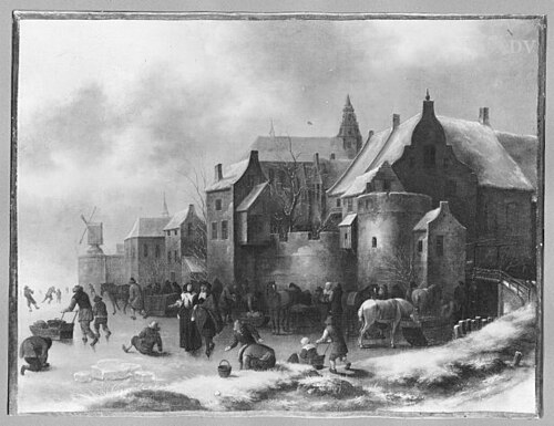 Winterlandscape, skating near the to...wall, 1655, Klaes Molenaer