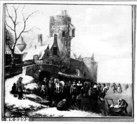 IJsgezicht met schaatsers bij een stadsmuur, 1633, Klaes Molenaer