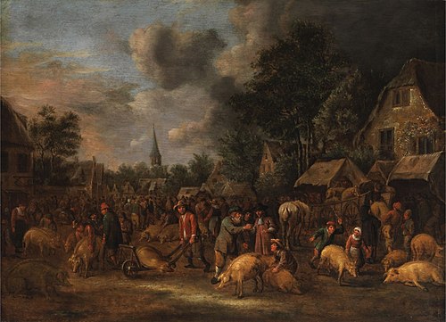 Pig market in a Dutch town, 1700, Klaes Molenaer