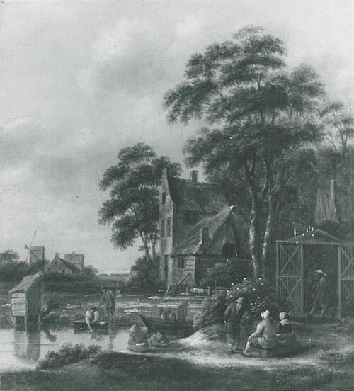 Farmstead with peasants doing their laundry, 1655, Klaes Molenaer