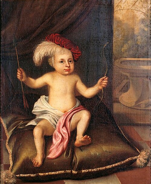 Portret van een jongetje als Cupido, halfnaakt, zittend op een kussen, 1699, Jelle Sibrandsz