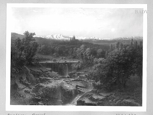 landscape with town + mountains at sun-set, 1859, Fritz Bamberger
