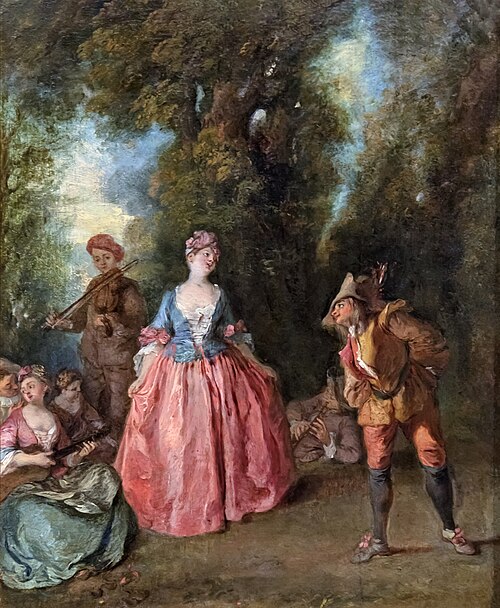 Fête galante représentant une dame dansant avec Pulcinella, 1725, Nicolas Lancret