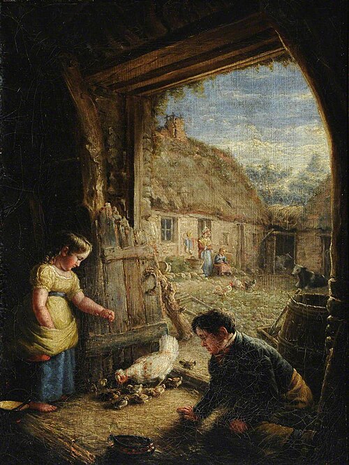 Two Children feeding Chickens, 1849, William Shiels