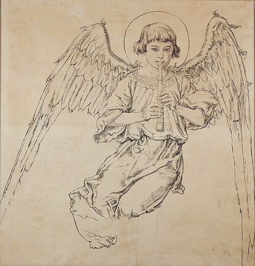 Karton do polichromii Kościoła Mariackiego - Postać anioła grającego na flecie, 1889, Jan Matejko
