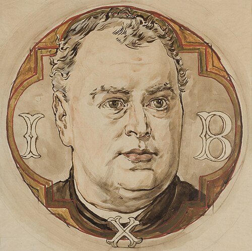 Karton do polichromii Kościoła Mariackiego - Głowa męska i litery "I, B, X" (ks. Jan Bukowski), 1889, Jan Matejko